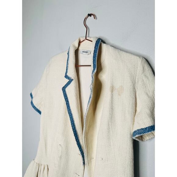 SANDRO Off White Tweed Blue Trim A-Line Double Breasted Seville Dress Size 36 - Picture 5 of 16